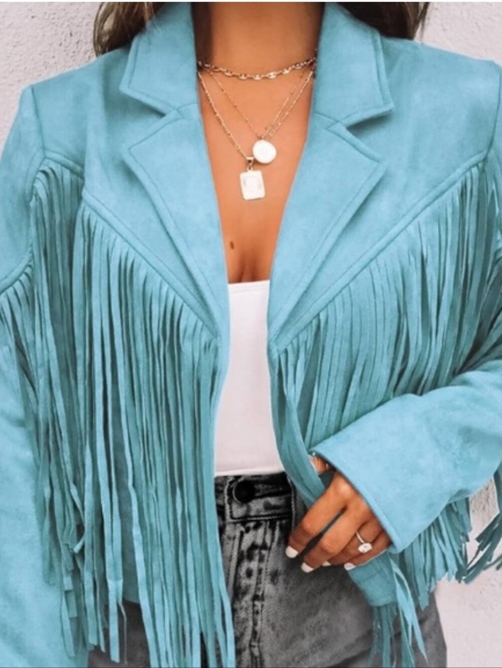Nwot Saints & Hearts Teal Faux Fringe LS  Western Inspired Festival Crop Jacket